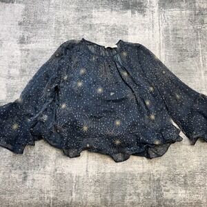 LOFT Top Womens 2XL Petite Blue Chiffon Celestial Shimmer Peplum Ruffle Sleeve